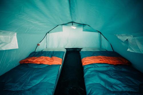 ESN Oktoberfest Campsite في ميونخ: خيمة زرقاء وفيها كيسين للنوم