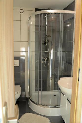 a bathroom with a shower and a toilet and a sink at Gościniec Kaszubski Homestay in Białogóra