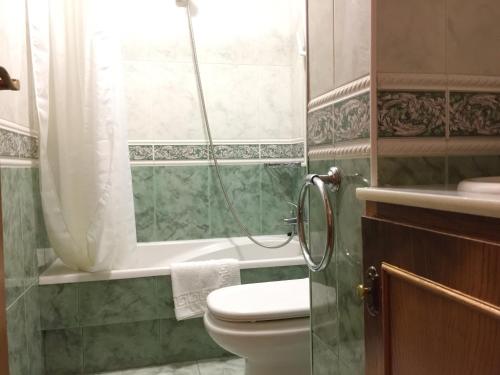 y baño con aseo y ducha. en Hostal-Restaurante Casa Giz en Cuiña