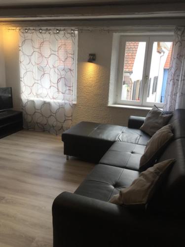 a living room with a couch and two windows at Appartments Rue Des Châteaux in Ottrott