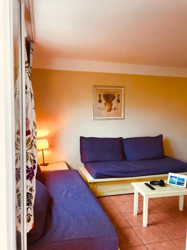 un salon avec un canapé bleu et une table dans l'établissement Residence le village, aux Issambres