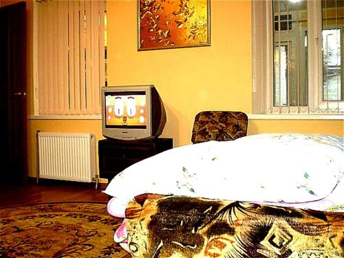 1 dormitorio con 1 cama y TV en 2 ком квартира Соборная-Макарова-Макдональдс 4 дивана WI-FI самый центр Николаева 2 этаж en Mykolaiv