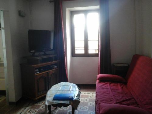 ein Wohnzimmer mit einem Sofa und einem TV in der Unterkunft les Millefonds in Valdeblore