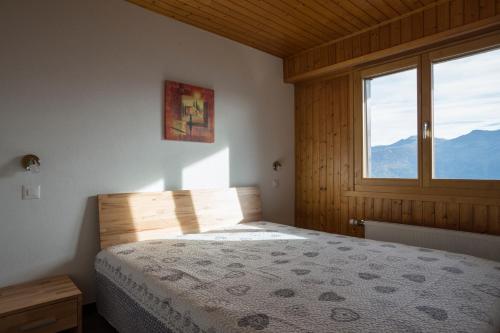 a bedroom with a bed and a window with mountains at Immeuble Horizon in Les Collons