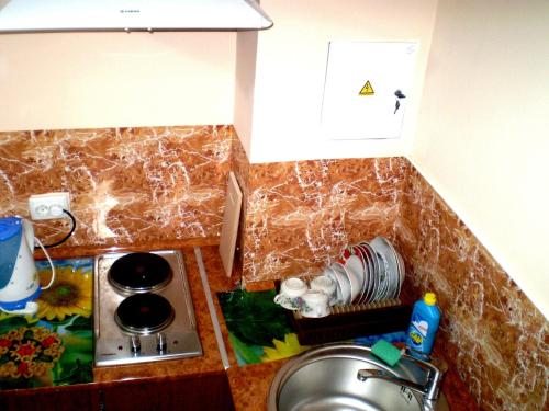 a kitchen with a sink and a counter top with a sink at 1 КОМ КВАРТИРА 1 ЭТАЖ 3 дивана, WI-FI, центр города, САДОВАЯ-ЧКАЛОВА "СИЛЬПО" и "АТБ" отдельный дом 2 этажа in Mykolaiv