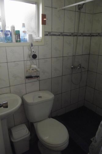a bathroom with a toilet and a shower and a sink at Hostal Miramar in Valparaíso