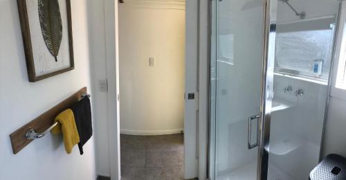 a bathroom with a shower with a glass door at Tiny Tom - Hidden beside the river Mersey in Devonport
