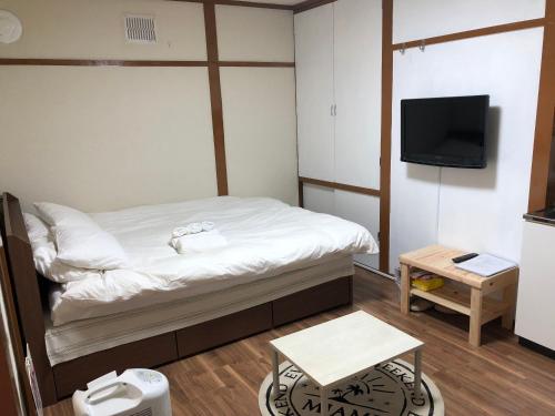 a small room with a bed and a tv at Happy Apartment in Sapporo