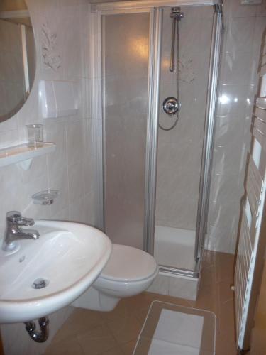 a bathroom with a shower and a toilet and a sink at Garni Bonaria in Corvara in Badia