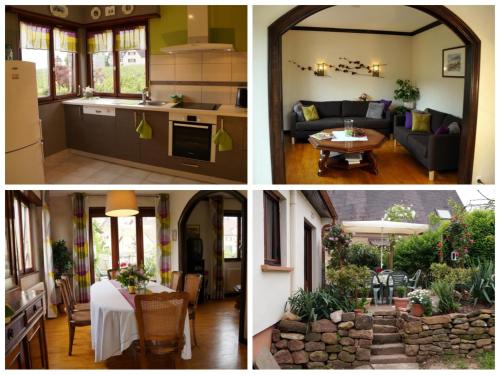 four pictures of a kitchen and a living room at Gite Le Mandlé in Riquewihr