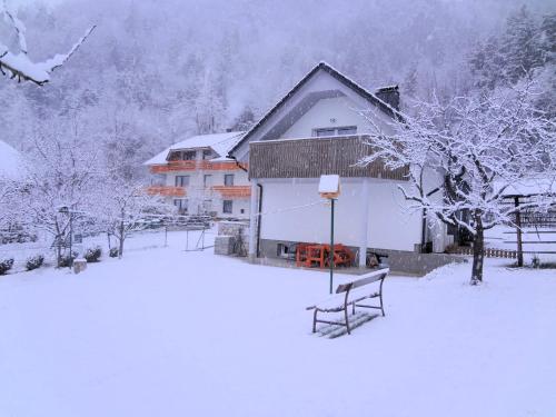 a snow covered yard with a house and a bench at Fine Stay Apartments in Žirovnica