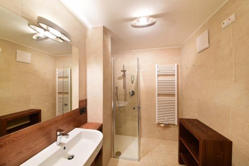 a bathroom with a shower and a sink and a tub at Ariston Dolomiti Residence in Dobbiaco