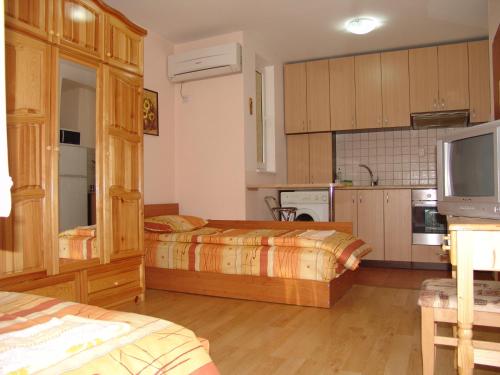 ヴェリコ・タルノヴォにあるOur Home Guest Roomsのベッド2台、キッチンが備わる広い客室です。