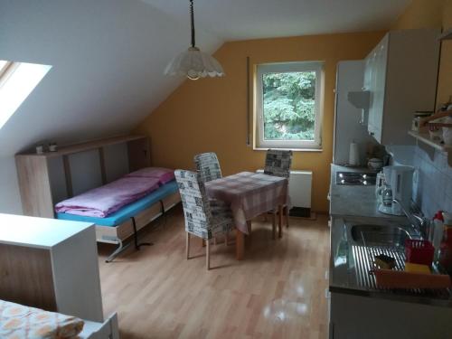een kleine keuken met een tafel en een bed in een kamer bij Haus am See in Unterwellenborn