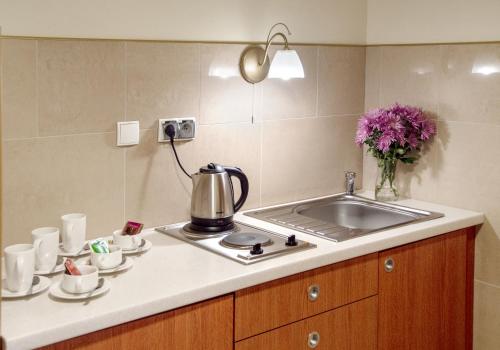 a kitchen counter with a sink and a tea kettle at Centrum Okopowa 55 in Warsaw
