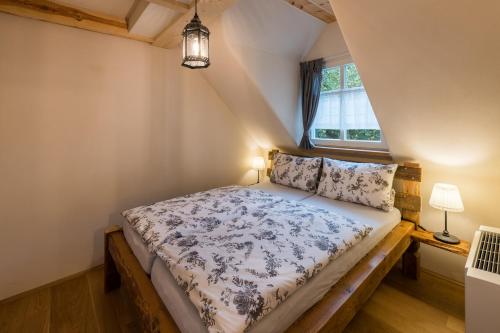 a bedroom with a bed in a room with a window at Adelinenhof - Ferienapartments, Fasten, Wellness & Gesundheit in Burg
