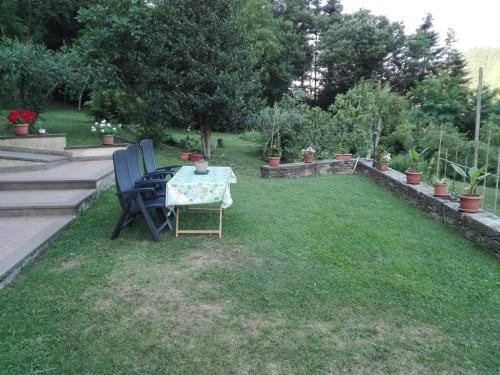 a garden with a table and chairs in the grass at Monti Mare in Seravezza