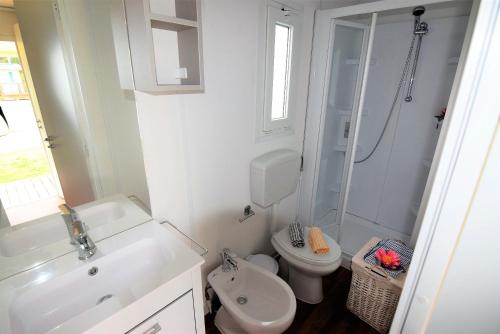 a bathroom with a sink and a toilet and a shower at Luxury Caravan at Union Lido in Cavallino-Treporti