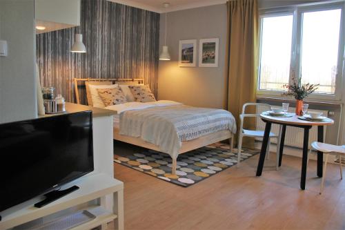 sypialnia z łóżkiem i telewizorem z płaskim ekranem w obiekcie Apartament Studio 208 w Białej Podlaskiej