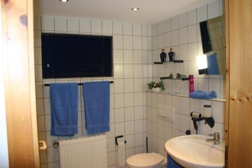 a bathroom with a toilet and a sink with blue towels at Ferienwohnung Bücker in Telgte
