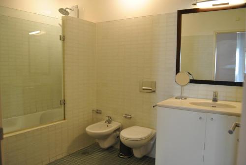 リスボンにあるChiado 2 Bedroom Elegant Apartmentのバスルーム(トイレ、洗面台、鏡付)