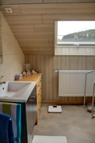 un piccolo bagno con lavandino e finestra di B&B Sol Magnus a Stavelot