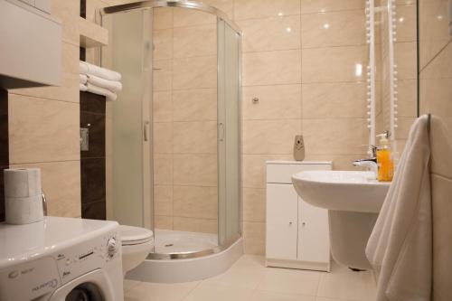 a bathroom with a shower toilet and a sink at Apartament Perłowy z balkonem- Dream Apart in Ustroń