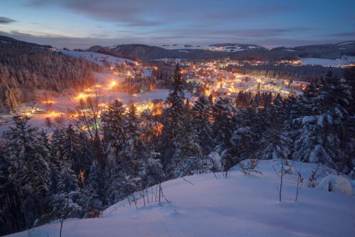 a view of a town in the snow at night at Forsters Schwarzwald Hof - Resort-Hotel&Pension in Feldberg