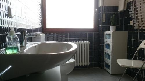 uma casa de banho com um lavatório, um WC e uma janela. em Ferienwohnung Alsmeier em Bad Bentheim