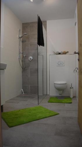 La salle de bains est pourvue d'une douche, de toilettes et de tapis verts. dans l'établissement Apartment Eckert, à Feichten Im Kaunertal