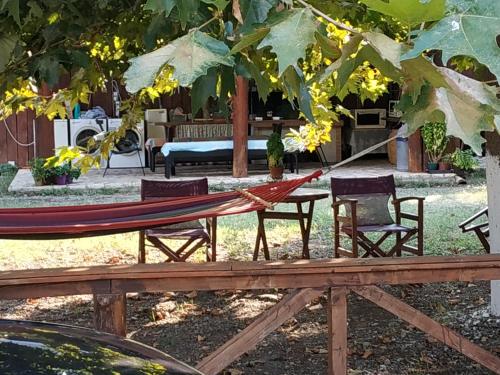 a hammock under a tree in a yard at Holiday Tolofona Beach in Eratini