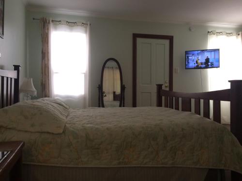 - une chambre avec un grand lit et un miroir dans l'établissement The Linear Way Bed and Breakfast, à McLaren Vale
