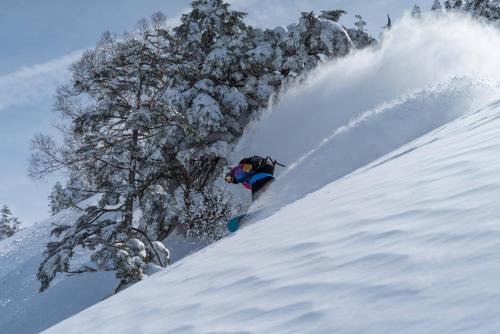a person is snowboarding down a snow covered slope at Maruyama Onsen Kojyokan in Minami Uonuma