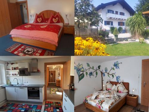 eine Collage mit Bildern eines Schlafzimmers und eines Hauses in der Unterkunft Anita's Ferienwohnung nahe Neuschwanstein in Reutte