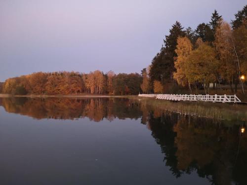 a large lake with a white fence and trees at Pokoje hotelowe Nad jeziorem Jelen in Bytów
