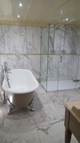 a bathroom with a tub and a shower and a sink at Nunsmere Hall Hotel in Oakmere