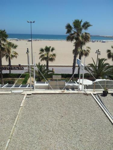a view of a beach with palm trees and a bench at Sol Playa in Valencia