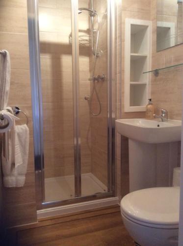 a bathroom with a shower and a toilet and a sink at Mill Croft Bed and Breakfast in Goathland