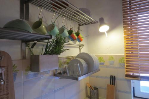 una cocina con platos y utensilios en la pared en Casa do Largo en Alcácer do Sal