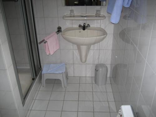 uma casa de banho branca com um lavatório e um chuveiro em Hotel Saint-Hubert em Malmedy