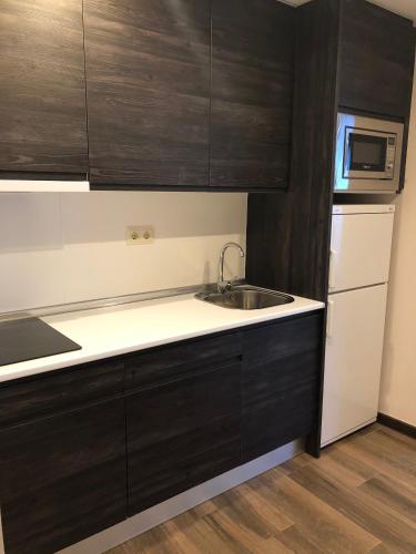 a kitchen with a sink and a refrigerator at Casa Rey in Vilac