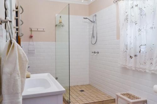 y baño con ducha y lavamanos. en Aan-Den-Weg en Stellenbosch