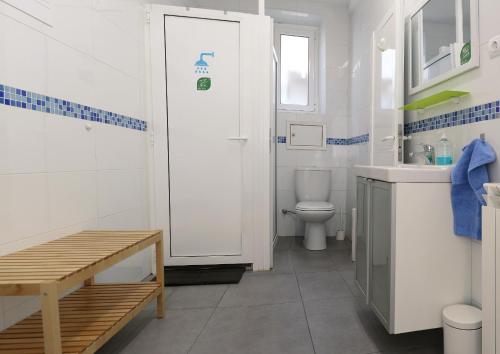 a bathroom with a toilet and a sink and a shower at Leon Hostel in Le&oacute;n