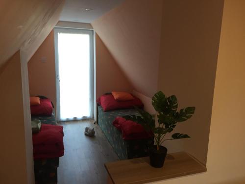 a attic room with two beds and a potted plant at Izabella Vendégház Somló in Doba