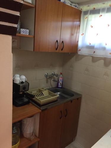 a kitchen with a sink and a counter top at Izabella Vendégház Somló in Doba