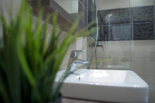 シャールヴァールにあるPLATINA APARTMANのバスルーム(白いシンク、シャワー付)