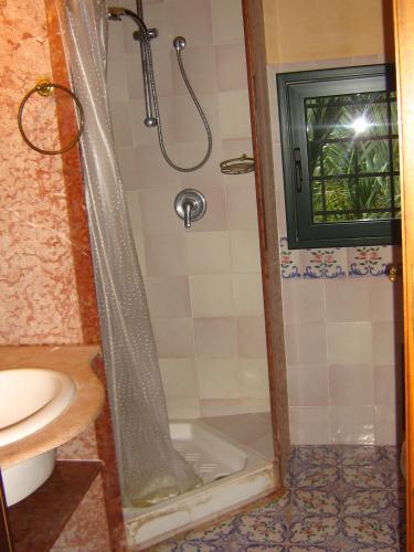 a bathroom with a shower with a sink and a toilet at the ancient sicilian house near zingaro reserve Scopello in Scopello