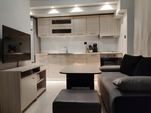 a living room with a couch and a kitchen at Standard Apartment by Prima Lodging in Thessaloniki