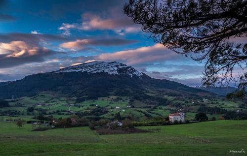 a snow covered mountain on a green field at Casa Rural Urkulu Landetxea in Aretxabaleta