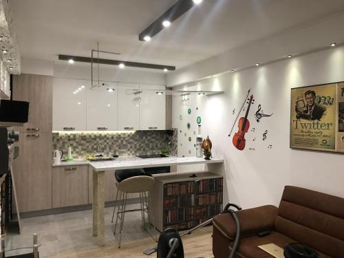 a living room with a kitchen with a counter and a kitchen at Lovely Apartment 2 in Belgrade